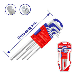Juego De Llaves Allen Extra Largas Ball Point Industrial Cr-V 9Pzs 1,5-10Mm Emtop Ehky2092