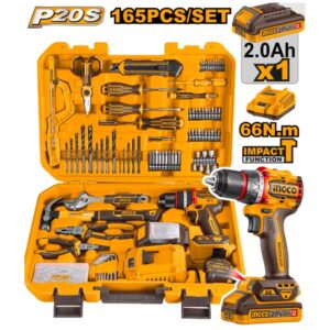 Combo Taladro Atornillador Percutor a Batería Inalámbrico 66Nm Motor Brushless+Batería 2.0Ah+Cargador+165 Herramientas+Maletín Ingco HKTHP11651-4